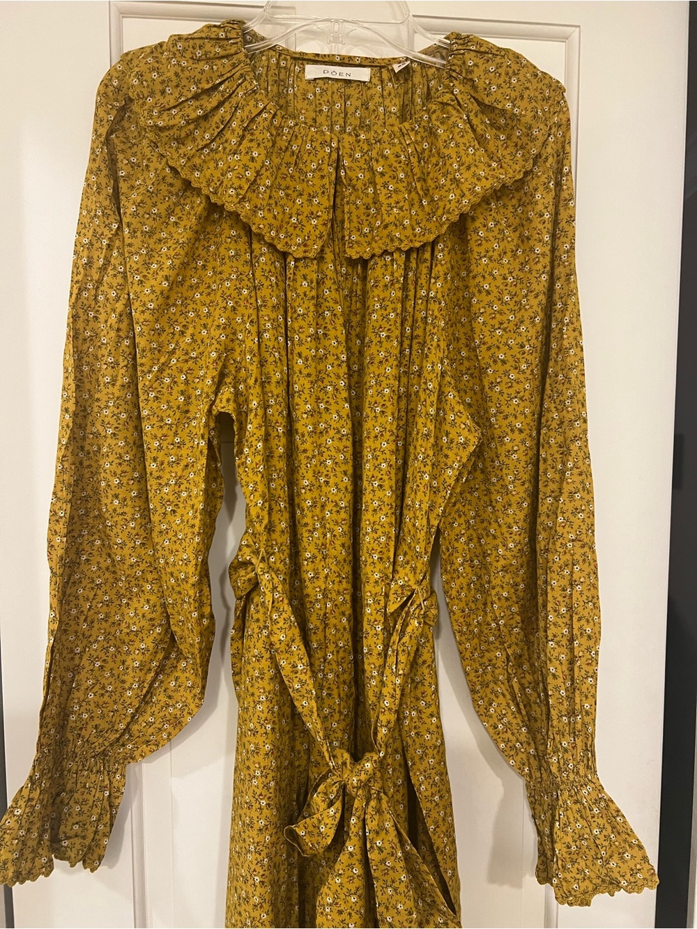 Doen Rory Belted Mustard Floral Print Organic Midi Dress with Ruffle Collar - XS